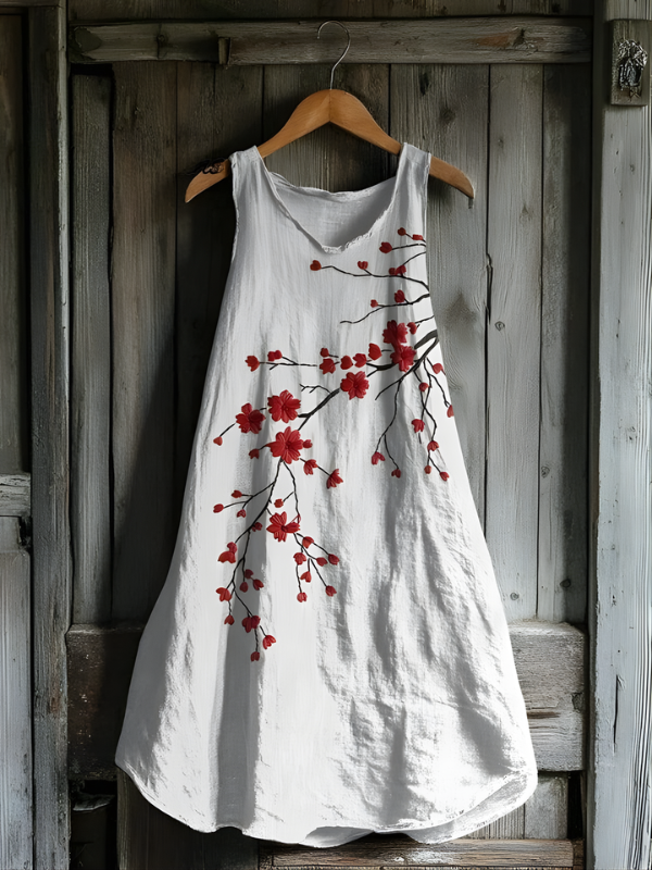 Vintage Red Blossom Linen Tank Dress