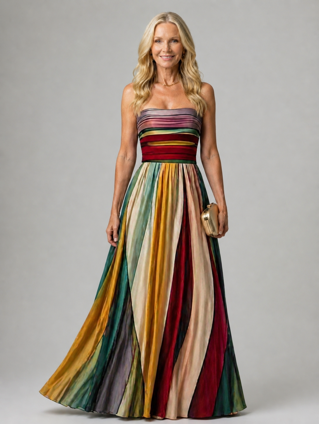 Abbey Striped Strapless Gown in White