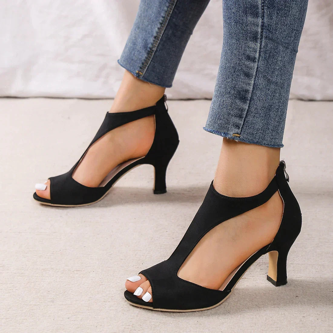Adelina T-Bar Peep-Toe Heels in Black
