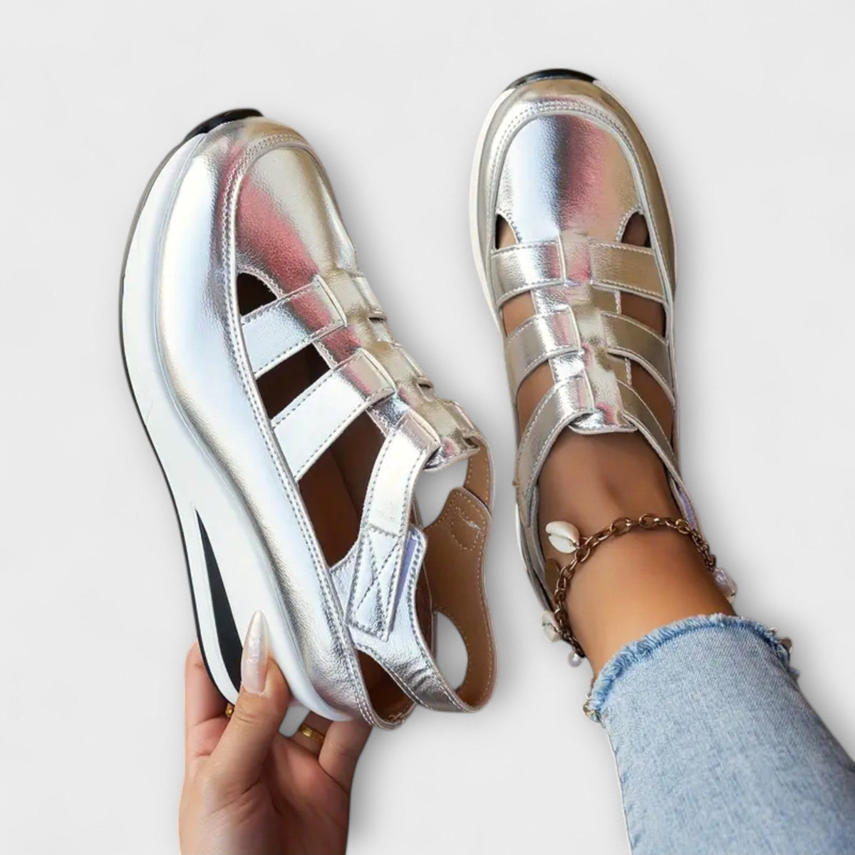 Agatha Cut-Out Sneaker Sandals in Silver