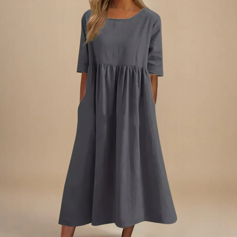 Alisha Gathered Midi Dress in Grey