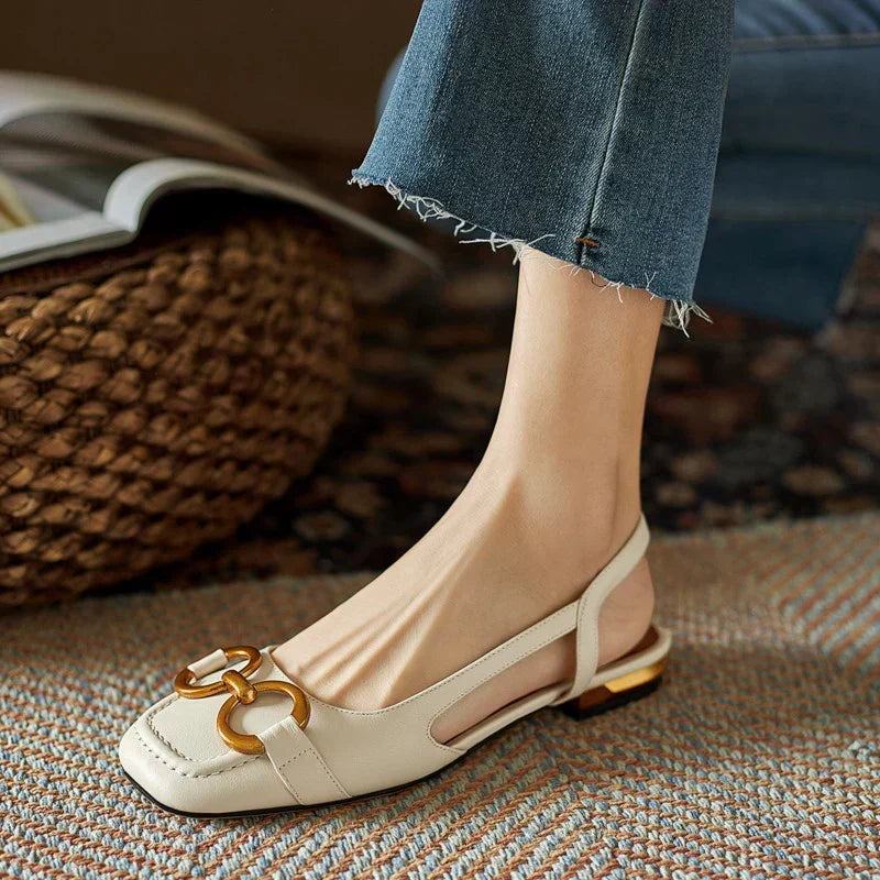 Allira Square-Toe Slingback Flats in Beige