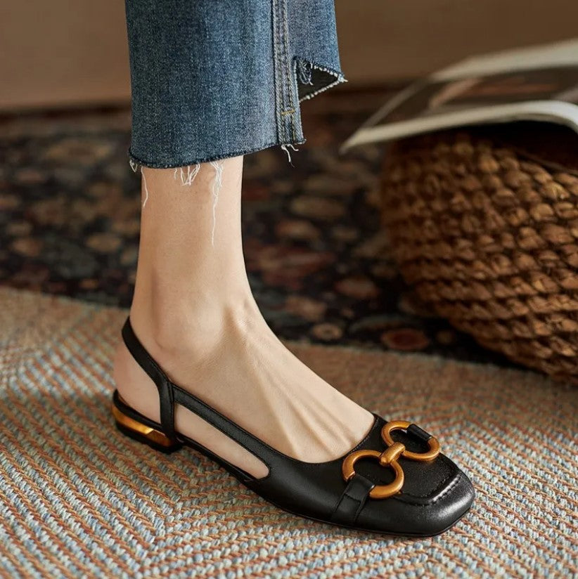 Allira Square-Toe Slingback Flats in Black