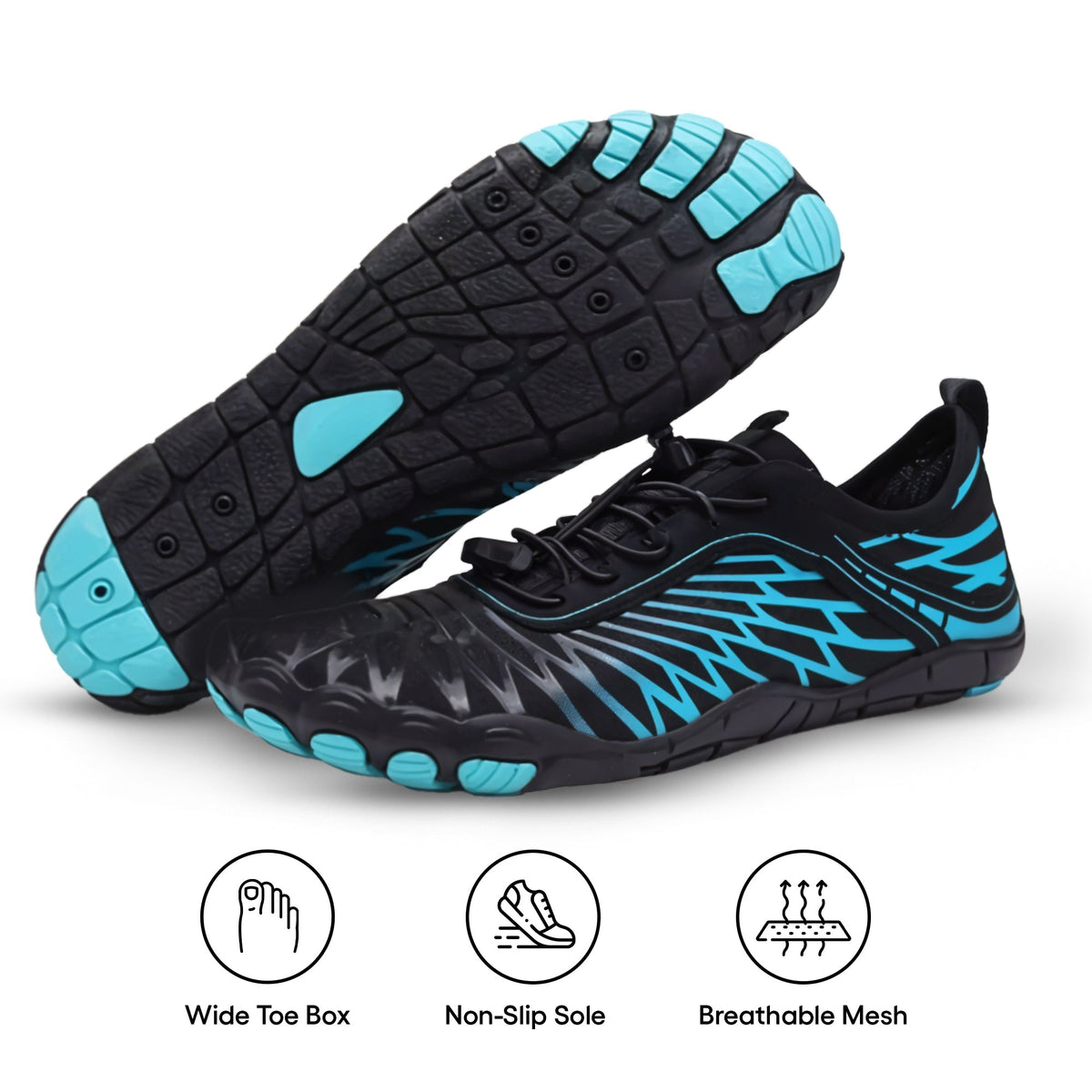 Aloisa Wide-Toe Lace Shoes in Black & Aqua (Waves)