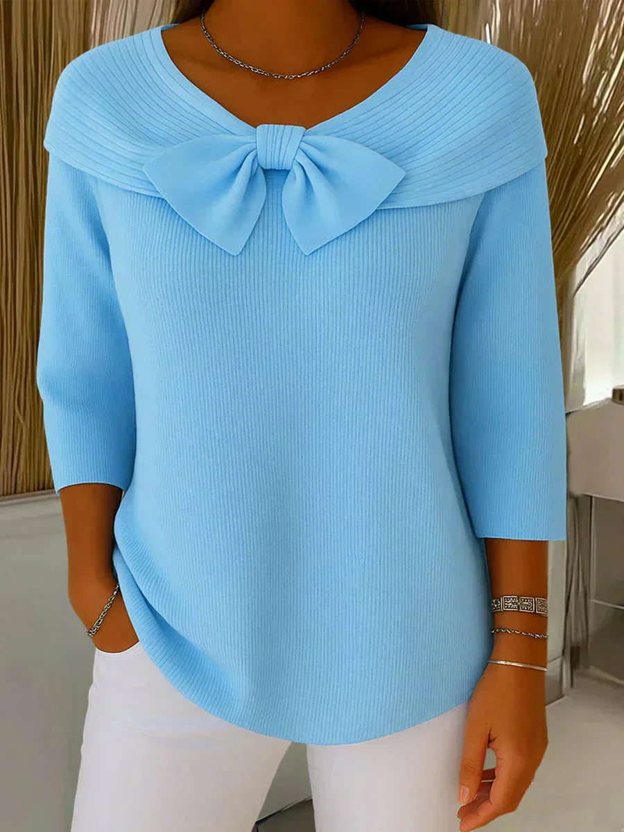 Alpha Bow-Collar Knit Top in Blue