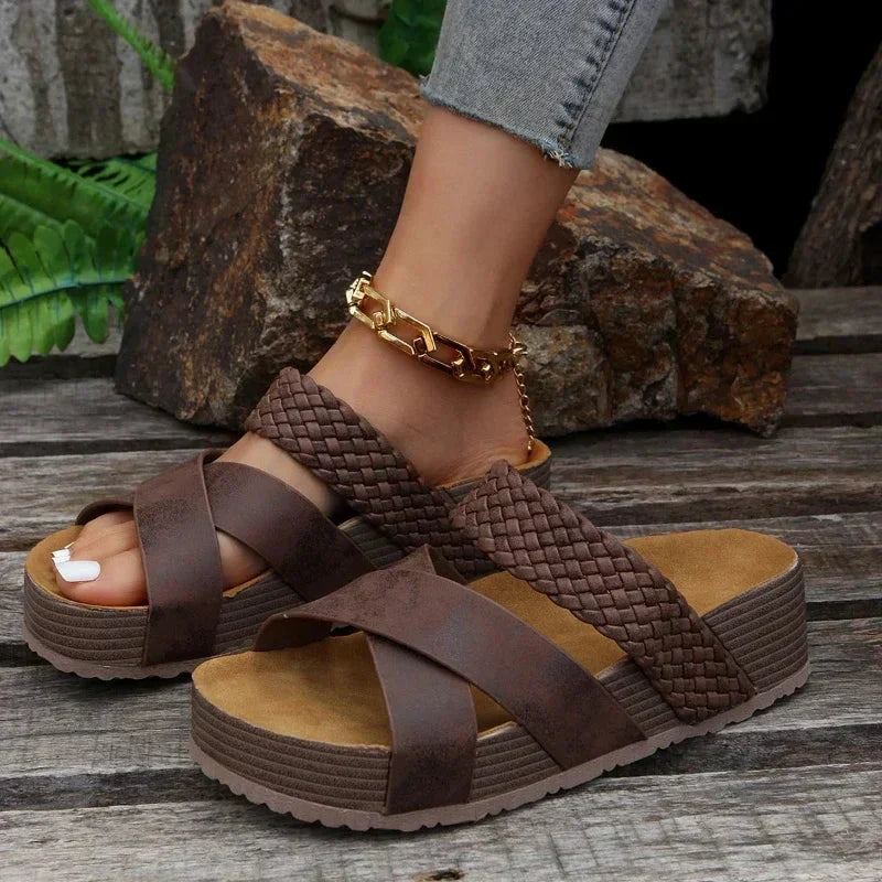 Andrina Braided Platform Slides in Brown