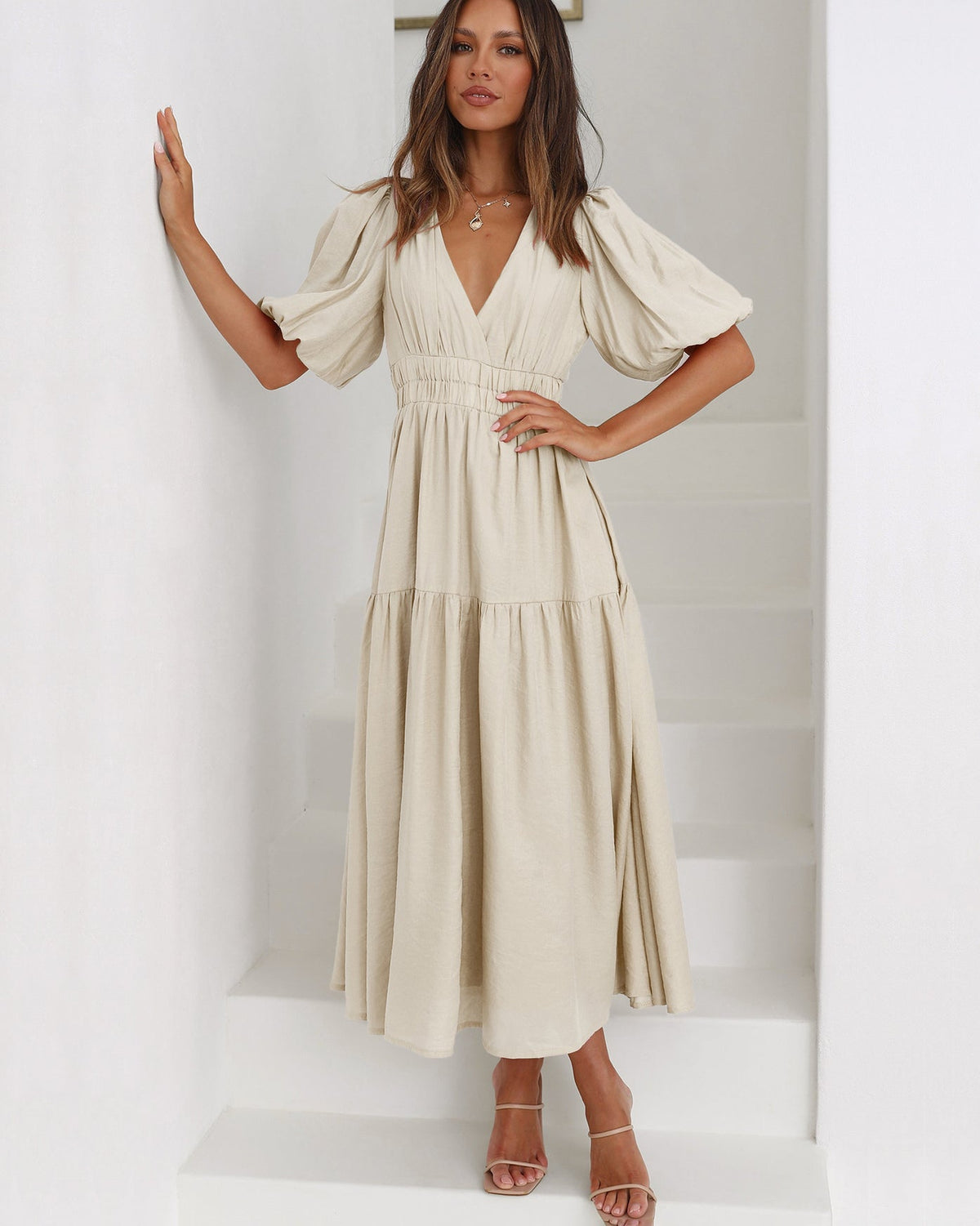 Angelique Tiered Maxi Dress in Cream
