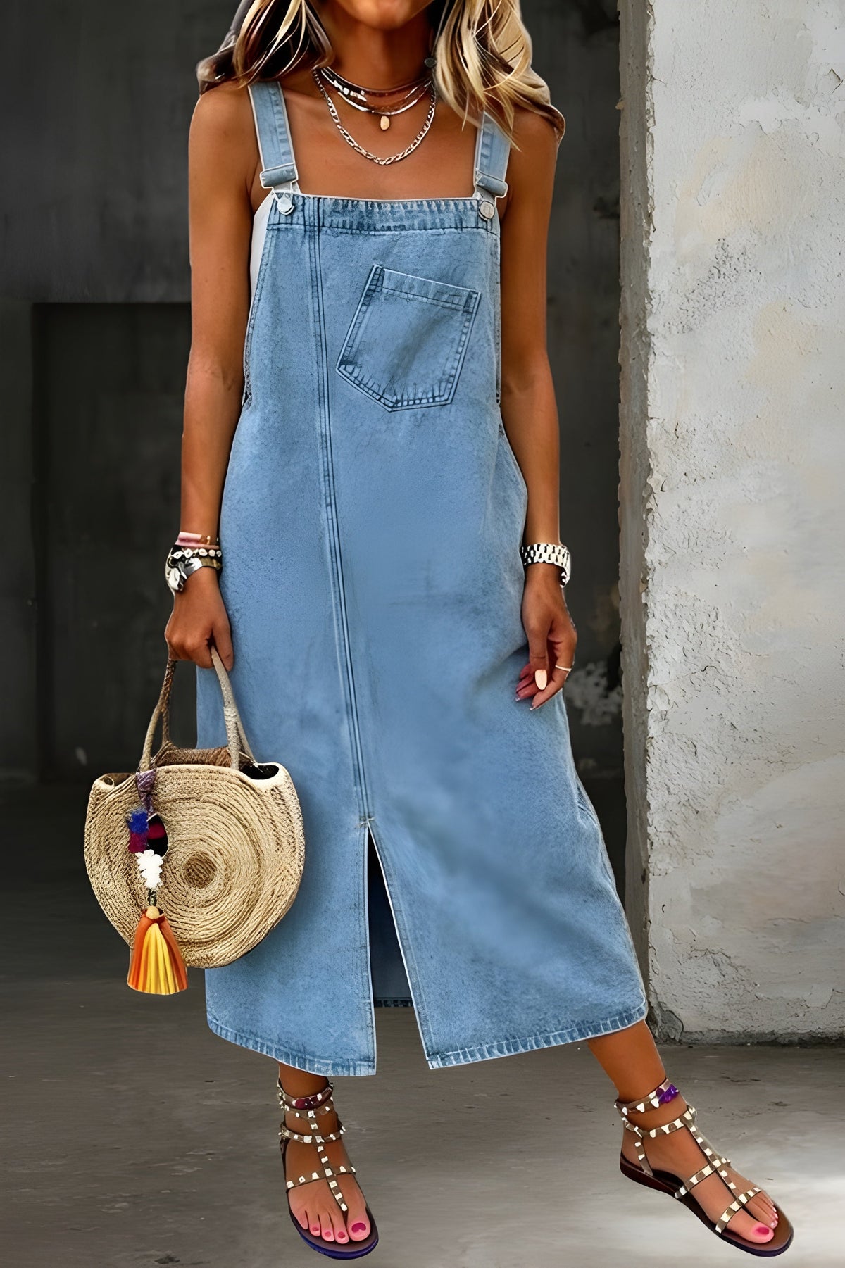 Artie Bib-Pocket Pinafore Dress in Light Blue
