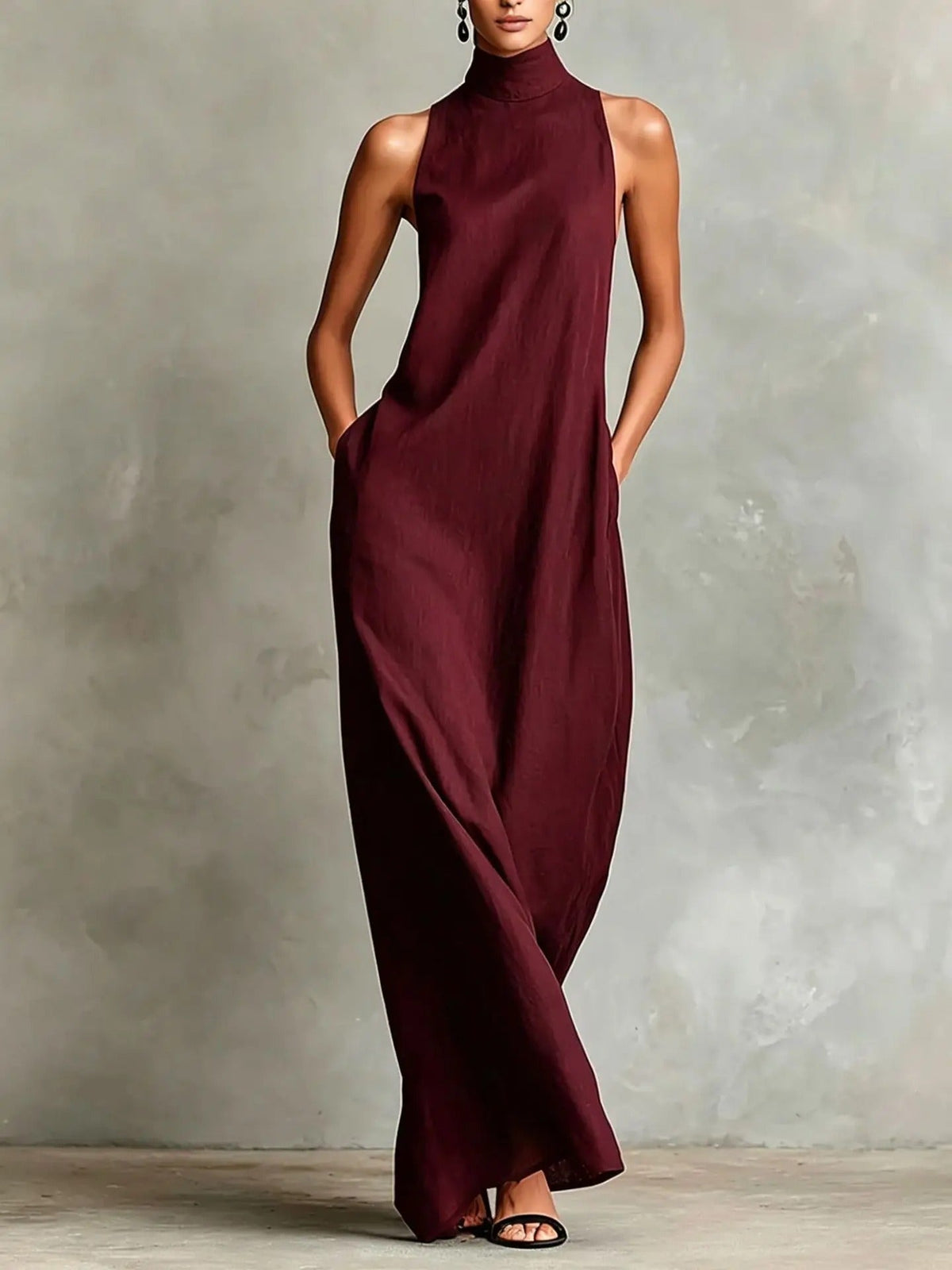 Avis High-Neck Maxi Dress in Burgundy