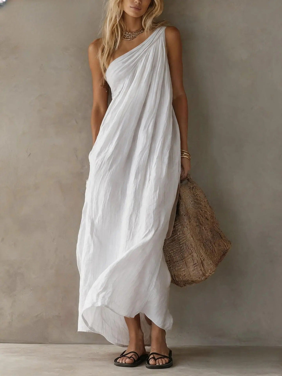 Basilia One-Shoulder Maxi Dress in White