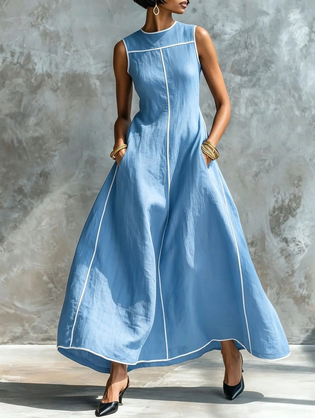 Beatrisa Piped A-Line Maxi in Light Blue