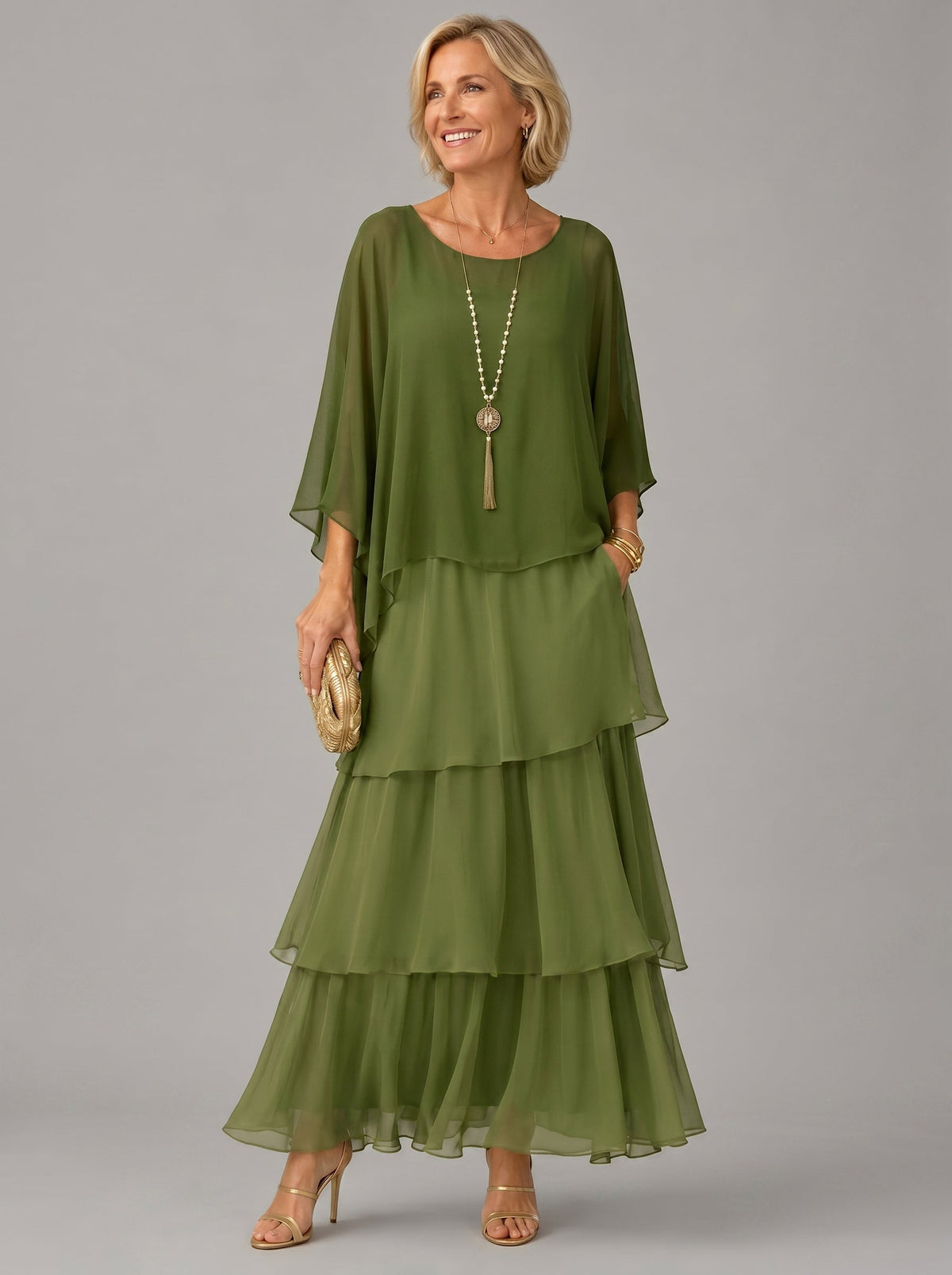 Beatrix Tiered Overlay Dress in Dark Green
