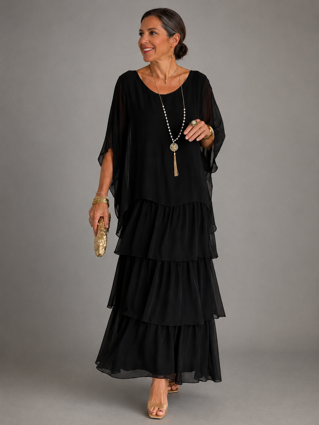 Beatrix Tiered Overlay Dress in Black