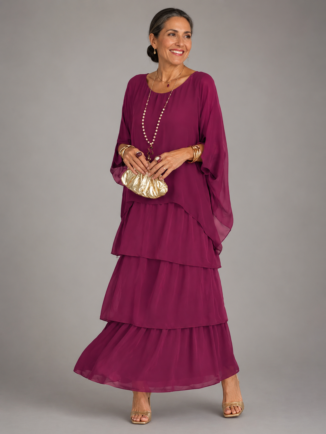 Beatrix Tiered Overlay Dress in Dark Pink