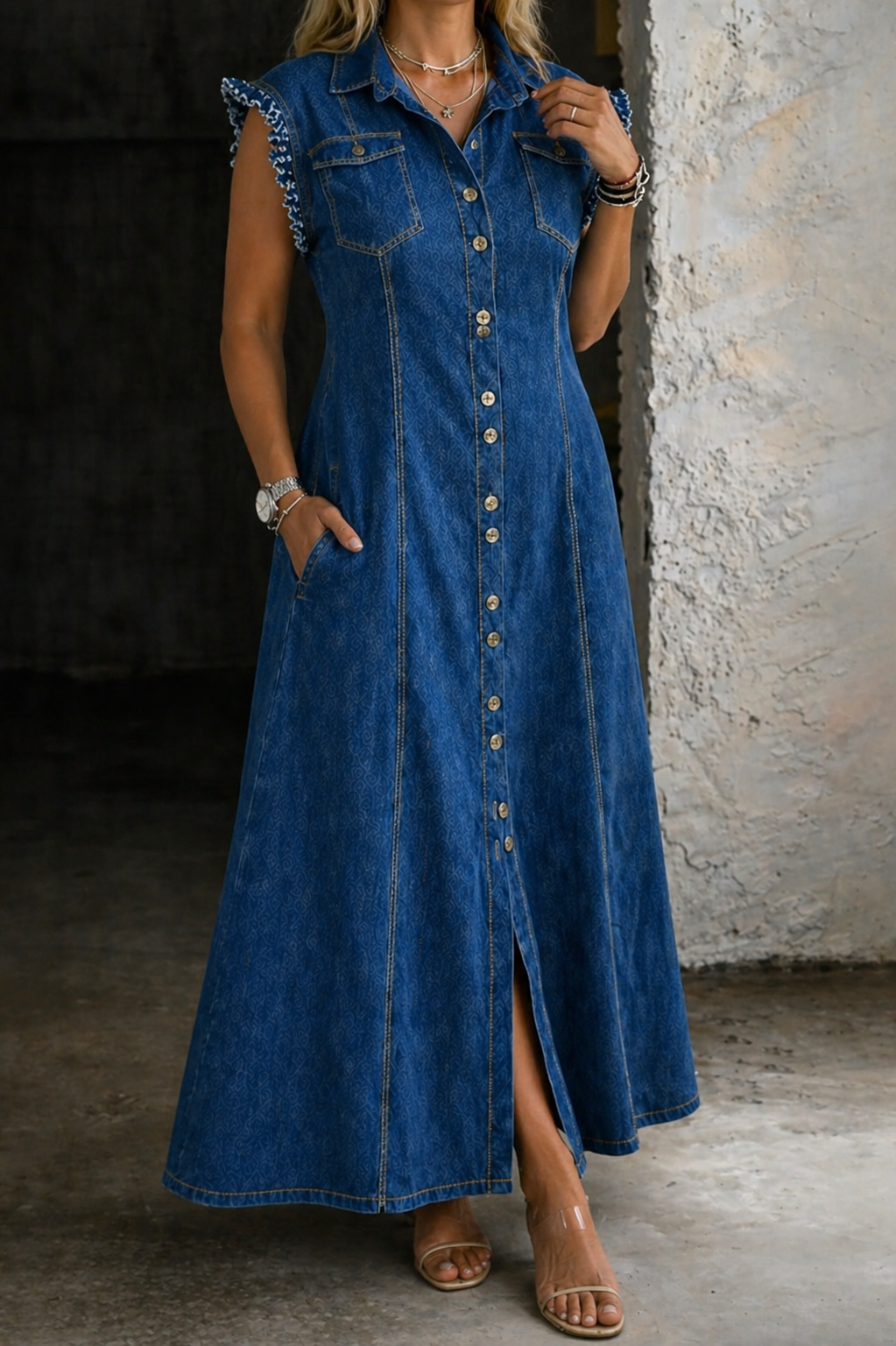 Belva Frill Armhole Maxi in Medium Denim Blue