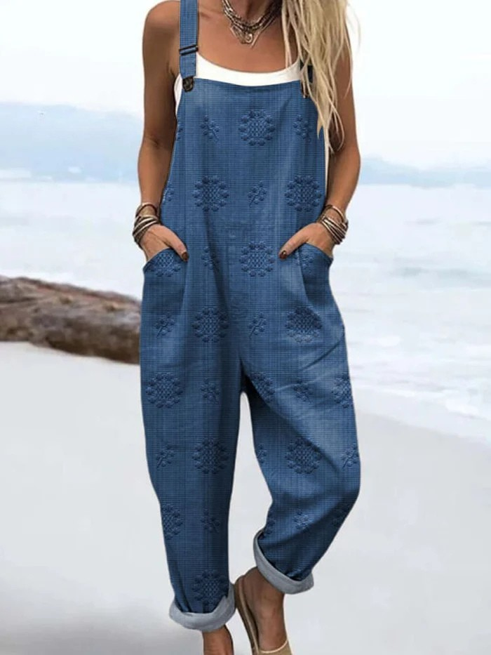 Bettina Raised Floral Overalls in Blue