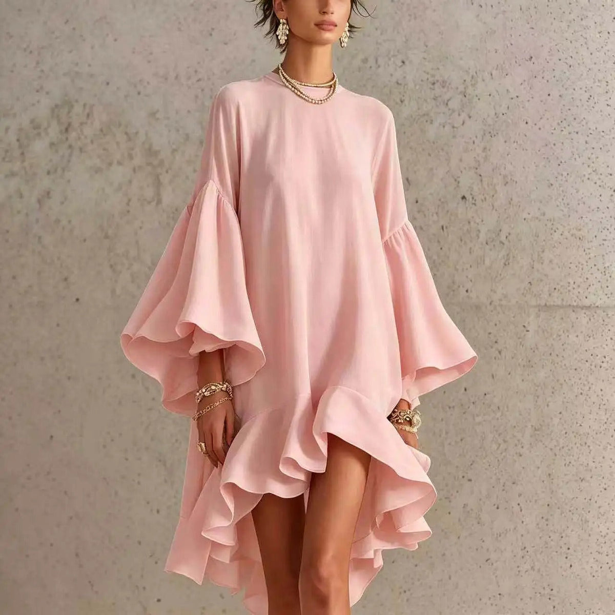 Blodwen Bell-Sleeve Ruffle Dress in Dusty Pink