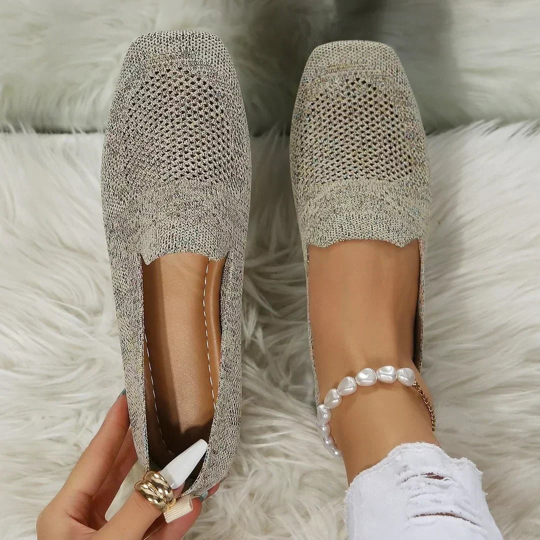 Brandy Square-Toe Knit Flats in Beige