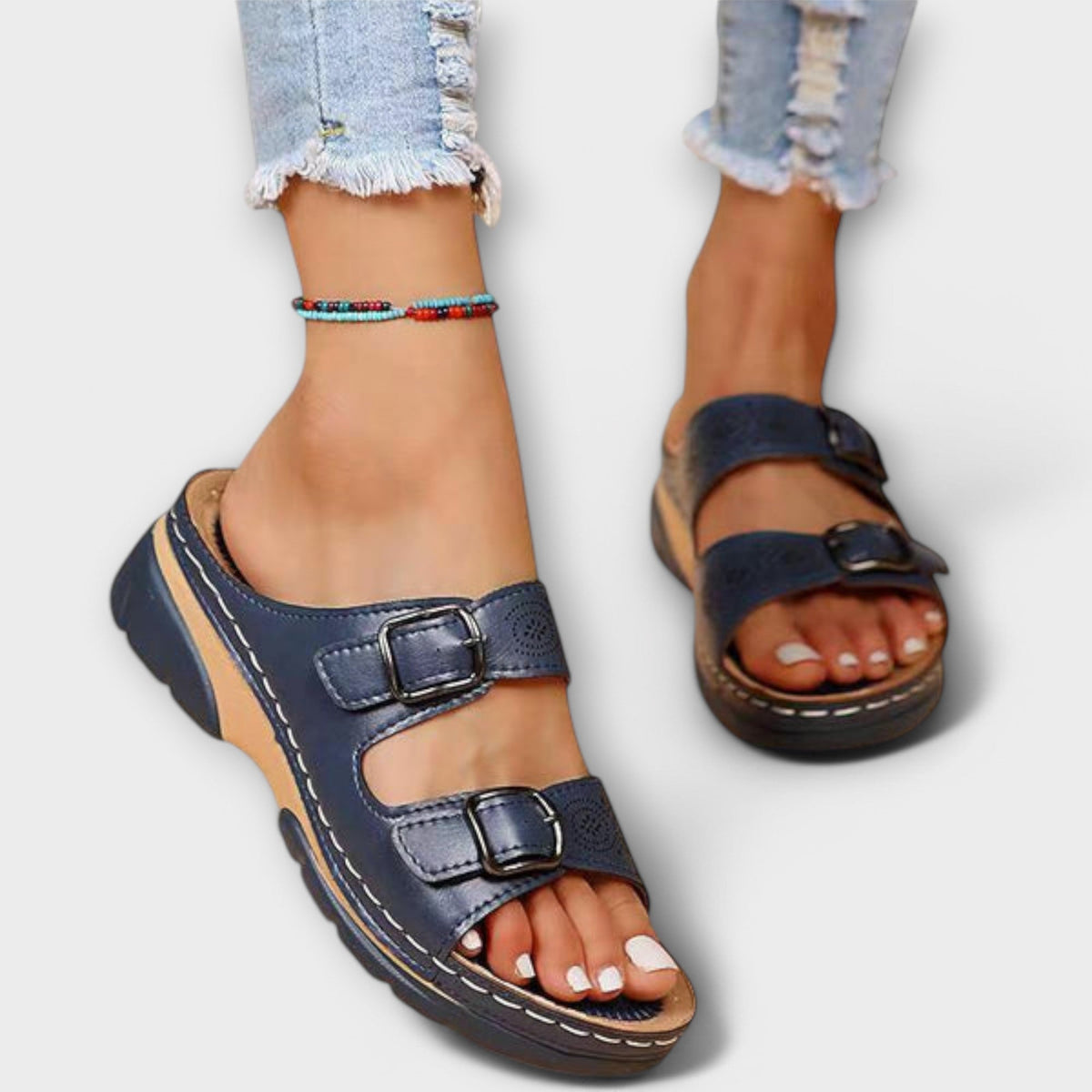 Carla Double Buckle Slides in Blue