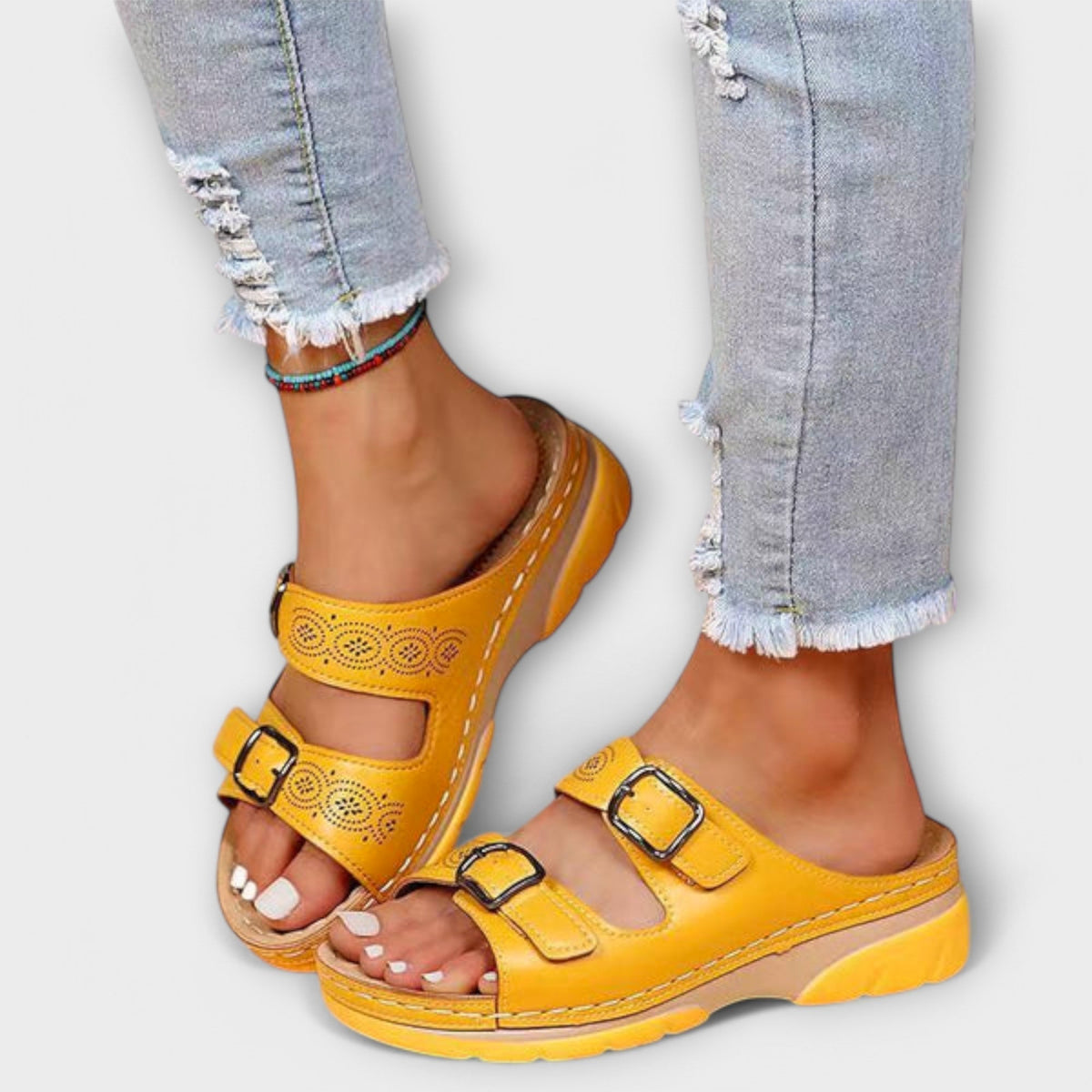 Carla Double Buckle Slides in Yellow