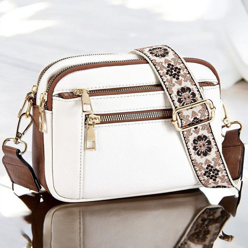 Carlotta Zip Crossbody Bag in White with Brown