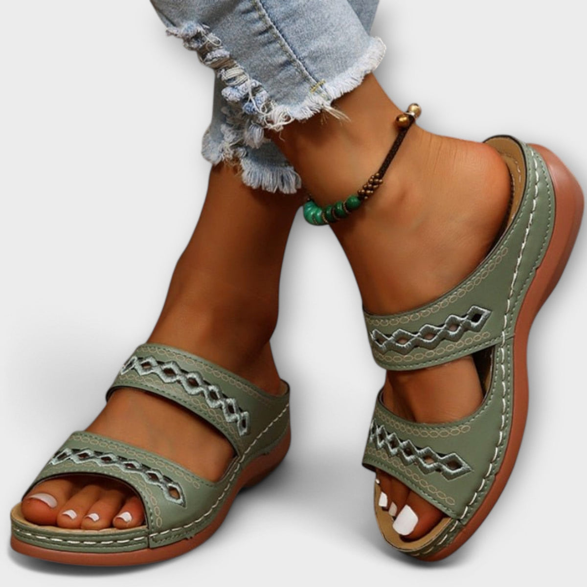 Carmen Stitched Band Slides in Green