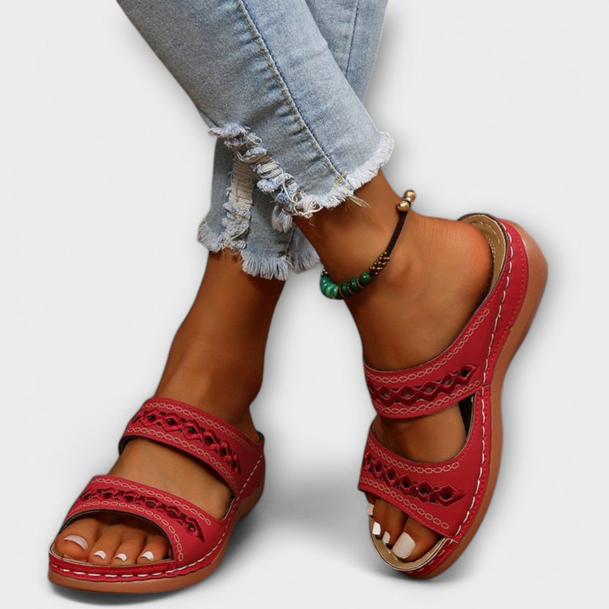 Carmen Stitched Band Slides in Red
