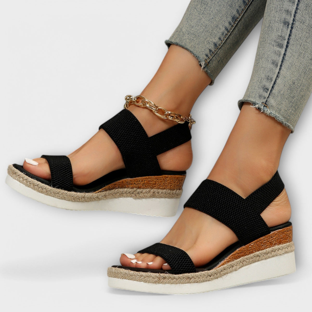 Catherine Elastic Wedge Sandals in Black