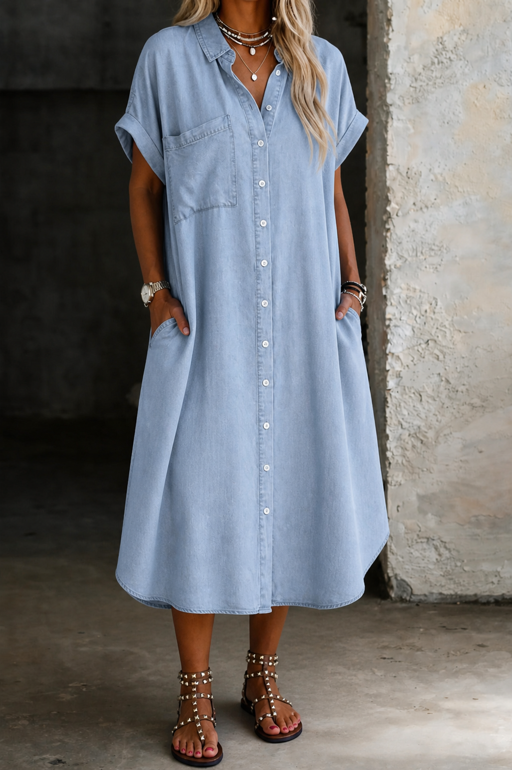 Cathryn Relaxed Shirt Dress in Light Blue