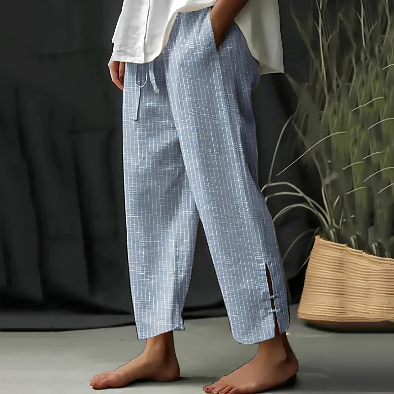 Cathy Split-Hem Pinstripe Pants in Blue