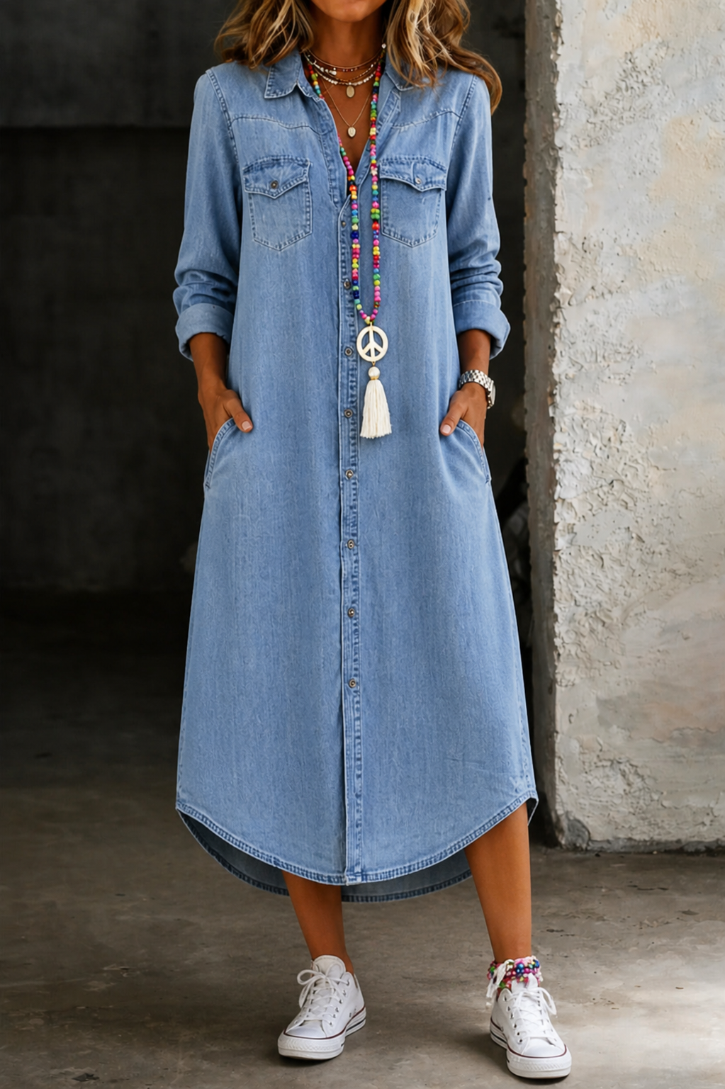 Chandra Curved Shirt Dress in Light Blue