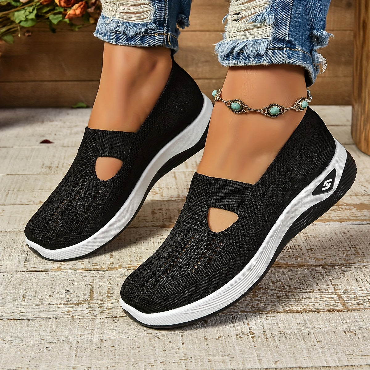 Chantal Cut-Out Knit Slip-Ons in Black
