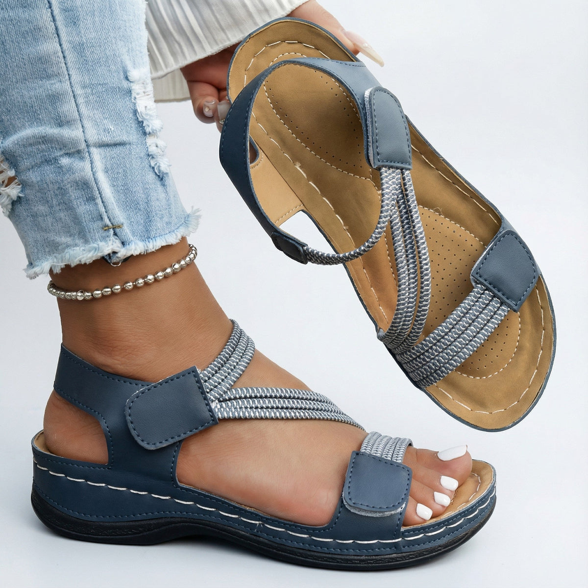 Christel Hook-and-Loop Wedge Sandals in Blue