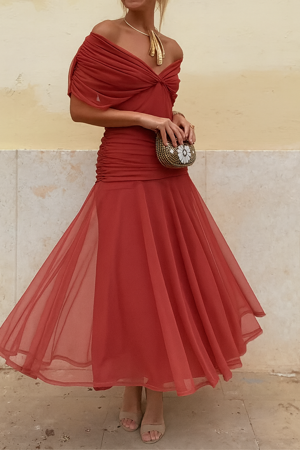 Christiane Off-Shoulder Mesh Dress in Burgundy
