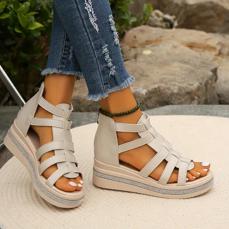 Cicely Caged Wedge Sandals in Beige