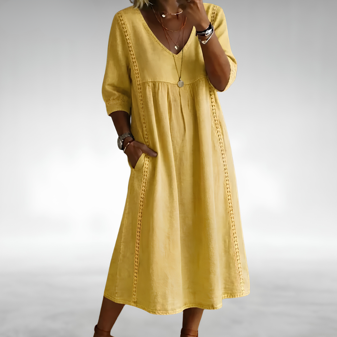 Cierra Lace-Trim Midi Dress in Yellow