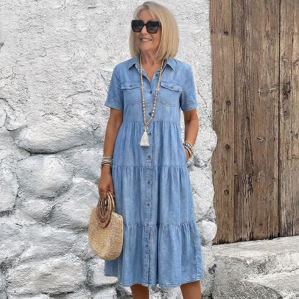 Cilla Tiered Shirt Dress in Sky Blue