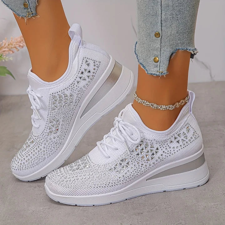 Clare Rhinestone Wedge Sneakers in White