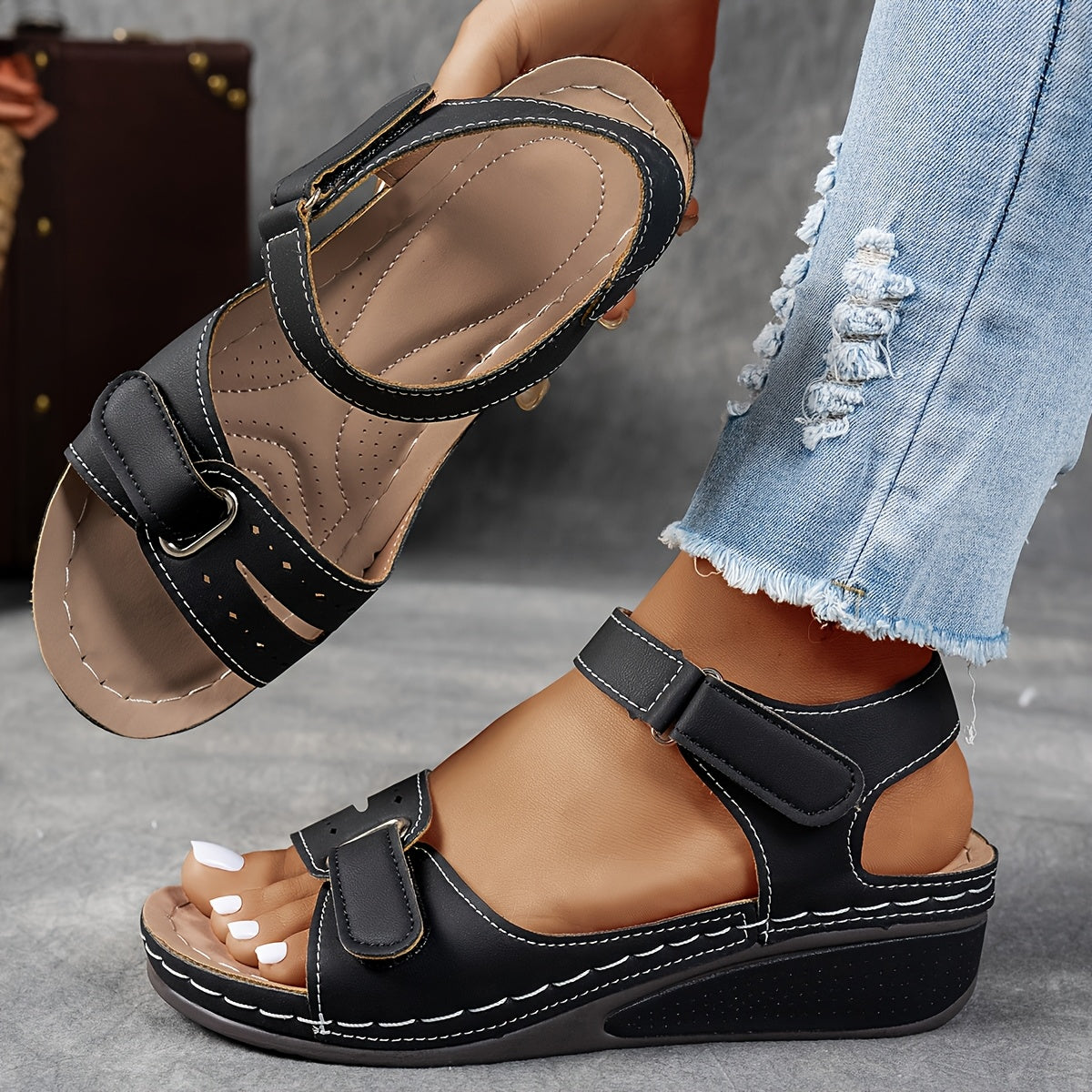 Claribel Two-Strap Wedge Sandals in Black