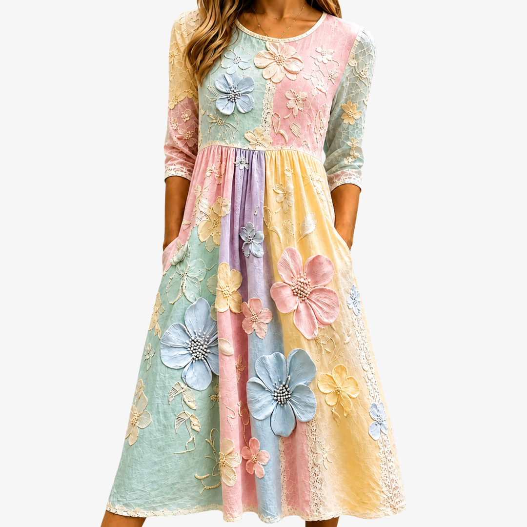Claudia Patchwork Midi Dress in Pastel