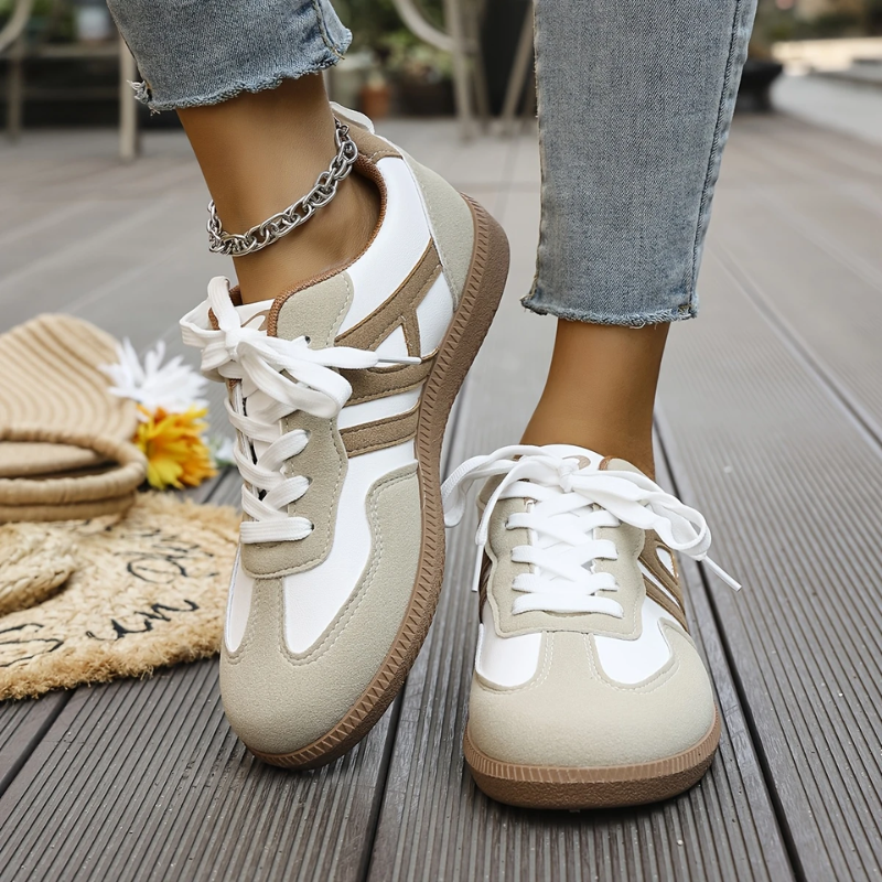 Columbine Retro Lace-Up Trainers in Khaki & White