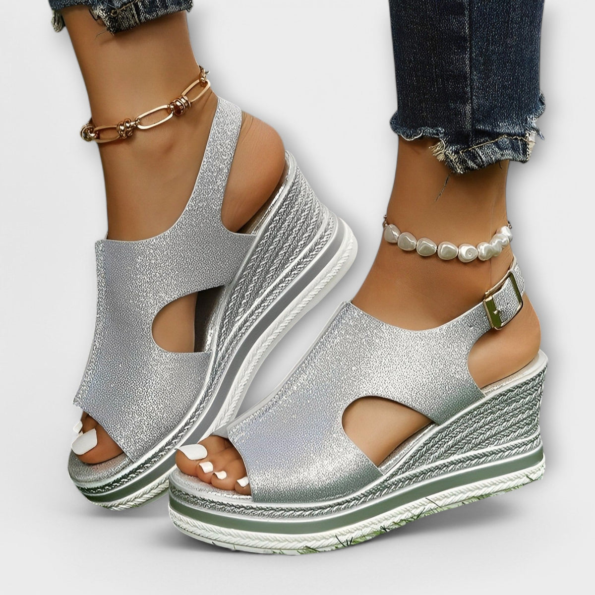 Courtney Shimmer Wedge Sandals in Silver