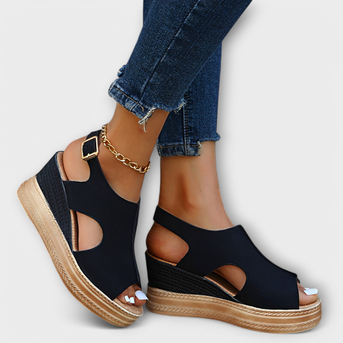 Courtney Shimmer Wedge Sandals in Black