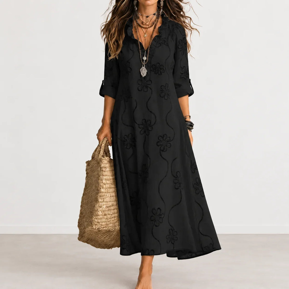 Damaris Embroidered Maxi Dress in Black
