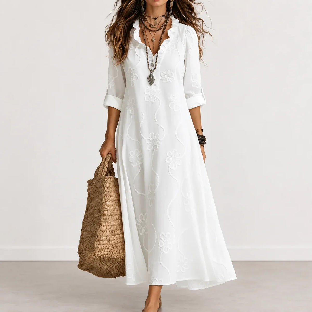 Damaris Embroidered Maxi Dress in White
