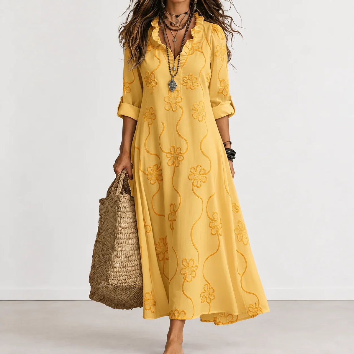 Damaris Embroidered Maxi Dress in Yellow