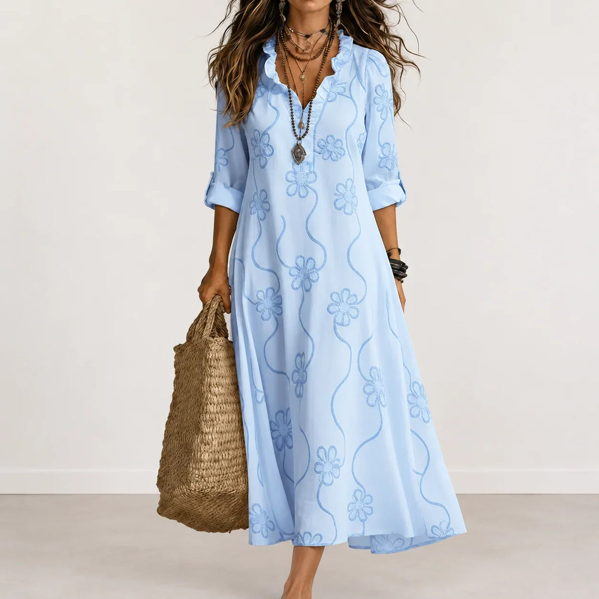 Damaris Embroidered Maxi Dress in Sky Blue