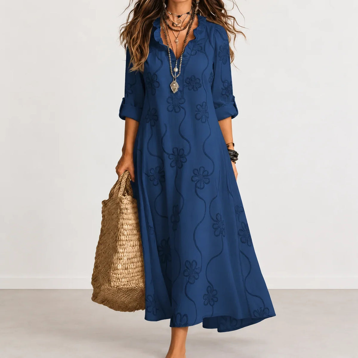 Damaris Embroidered Maxi Dress in Navy Blue