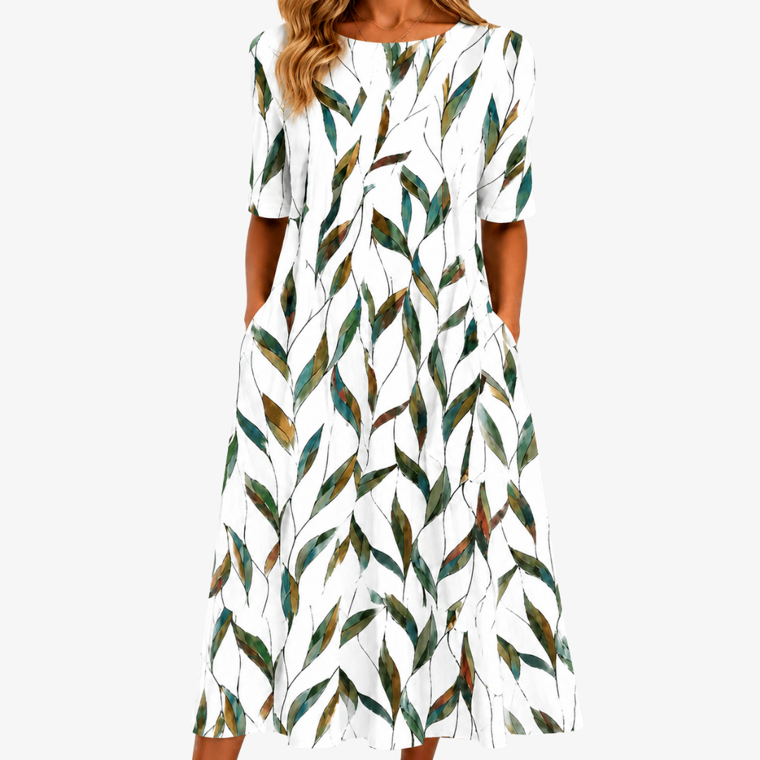 Delia Leaf Print Dress in White