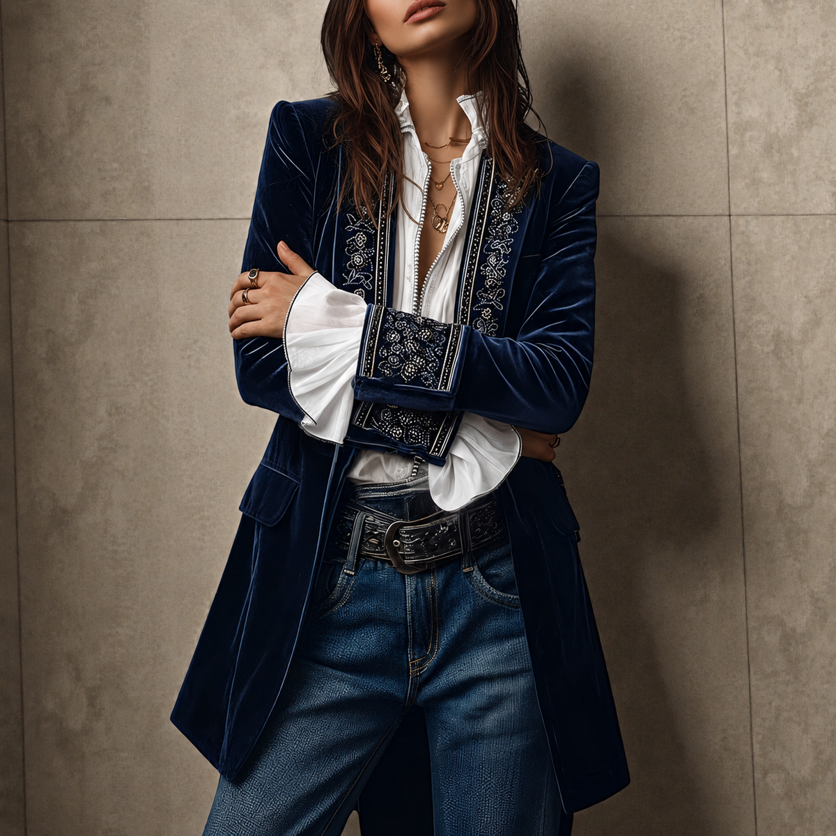 Deloris Embroidered Velvet Blazer in Navy Blue